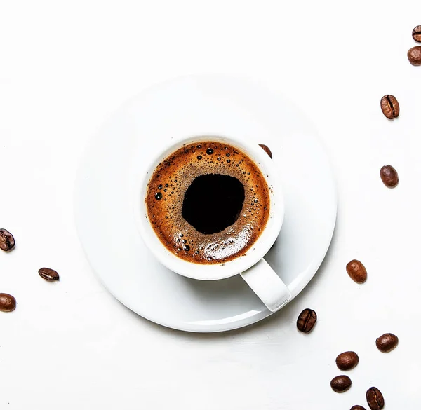 White Cup Black Coffee Espresso Foam White Background Top Views — Stock Photo, Image