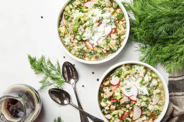 Sopa Verão Tradicional Russa Fria Com Legumes Carne Ervas Vestida — Fotografia de Stock