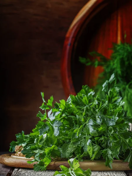 Big Bunch Green Italian Parsley Table Vintage Wooden Background Selective — Stock Photo, Image