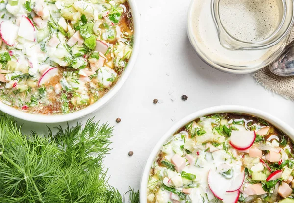 Okroshka 전통적인 러시아 수프와 바스와 Kefir 평면도와 — 스톡 사진