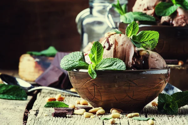 초콜릿 아이스크림 그리고 선택적 소나무 견과류 — 스톡 사진