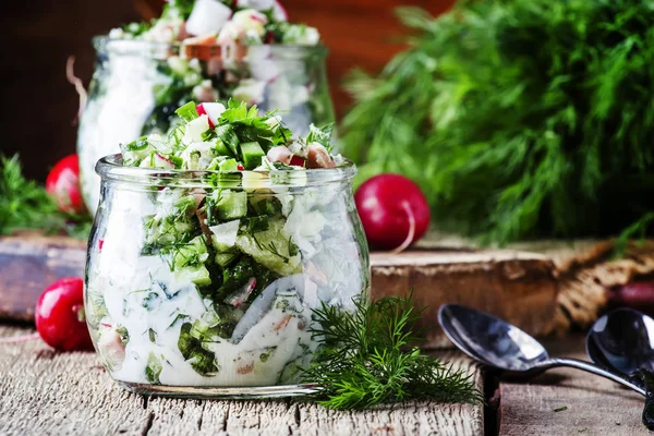 Cold Summer Soup Vegetables Meat Herbs Dressed Bread Kvass Kefir — Stock Photo, Image