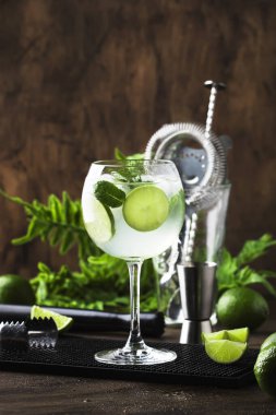 Beyaz vermut, prosecco, kireç, nane ve buz ile Martini royale alkollü kokteyl. Eski ahşap masa arka plan, bar araçları, seçici odak. Tüm isimler kokteyllere atıfta bulunur, ticari markalara değil