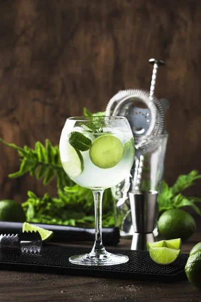 Martini royale alcoholic cocktail with white vermouth, prosecco, lime, mint and ice. Old wooden table background, bar tools, selective focus. All names refer to cocktails, not trademarks