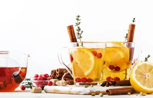 Winter Autumn Healing Hot Tea Lemon Cranberries Thyme Spices White — Stock Photo, Image