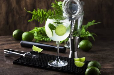 Beyaz vermut, prosecco, kireç, nane ve buz ile Martini royale alkollü kokteyl. Eski ahşap masa arka plan, bar araçları, seçici odak. Tüm isimler kokteyllere atıfta bulunur, ticari markalara değil