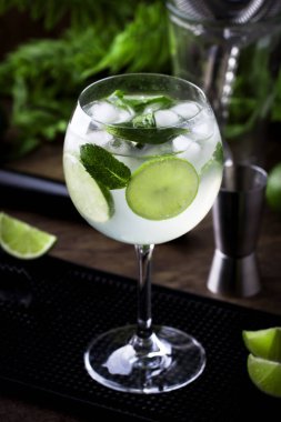 Beyaz vermut, prosecco, kireç, nane ve buz ile Martini royale alkollü kokteyl. Eski ahşap masa arka plan, bar araçları, seçici odak. Tüm isimler kokteyllere atıfta bulunur, ticari markalara değil