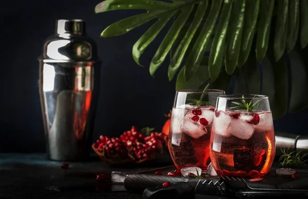 Red Cocktail Vodka Pomegranate Juice Ice Rosemary Bar Tools Blue — Stock Photo, Image