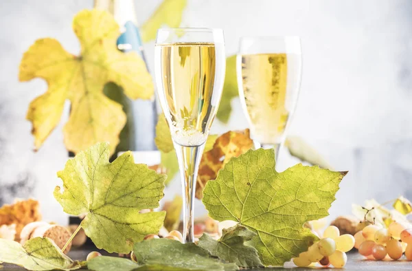 Champagne Brut Spumante Calice Fondo Grigio Natura Morta Autunnale Concetto — Foto Stock