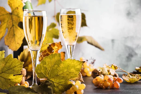 Champagne Brute Mousserende Wijn Glas Grijze Achtergrond Herfst Stilleven Wijn — Stockfoto