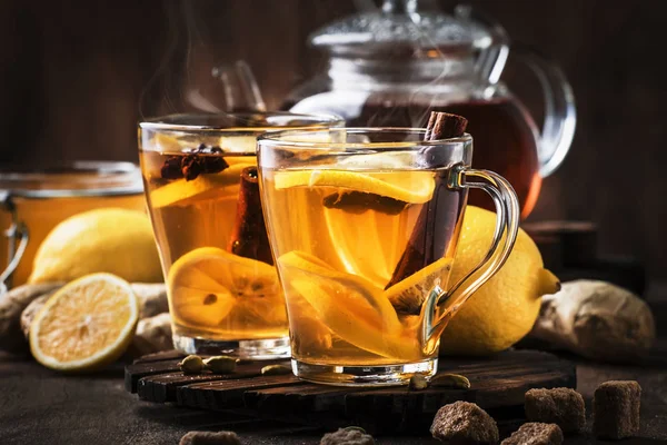 Winter Autumn Hot Healing Tea Ginger Honey Lemon Spices Glass — Stock Photo, Image