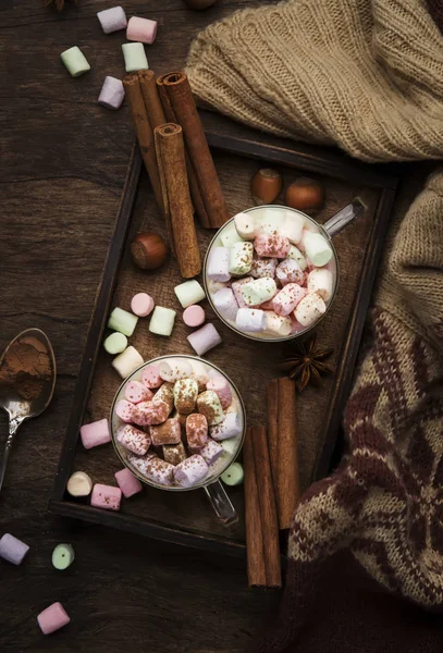 Hot Winter Autumn Drink Cocoa White Chocolate Spices Colorful Marshmallows — Stock Photo, Image