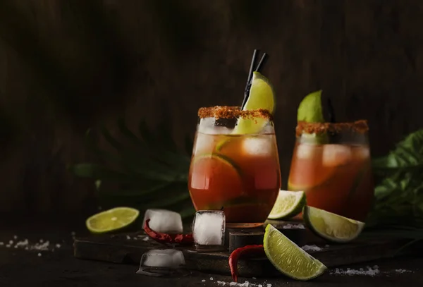 Michelada Mexican Alcoholic Cocktail Beer Lime Juice Tomato Juice Spicy — Stock Photo, Image