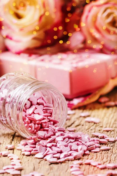 Coração Doce Rosa Cartão Dia Dos Namorados Rosas Rosa Vermelhas — Fotografia de Stock