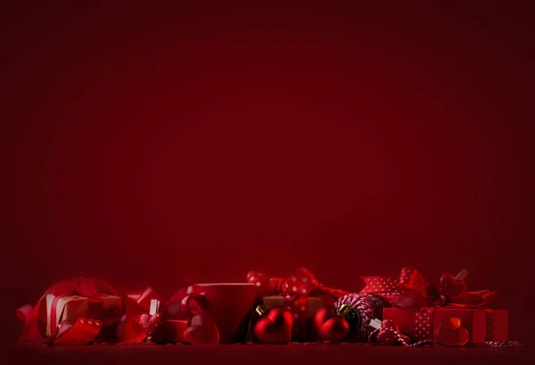 Valentine Day Red Background Red Hearts Gifts Ribbons Copy Space — Stock Photo, Image