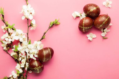 Paskalya yumurtaları ve bahar çiçekleriyle donatılmış paskalya pembesi. Kopyalama alanı olan üst görünüm.