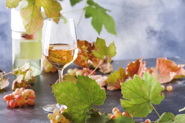 Witte Wijn Glas Wijn Fles Grijze Achtergrond Met Kopieerruimte — Stockfoto