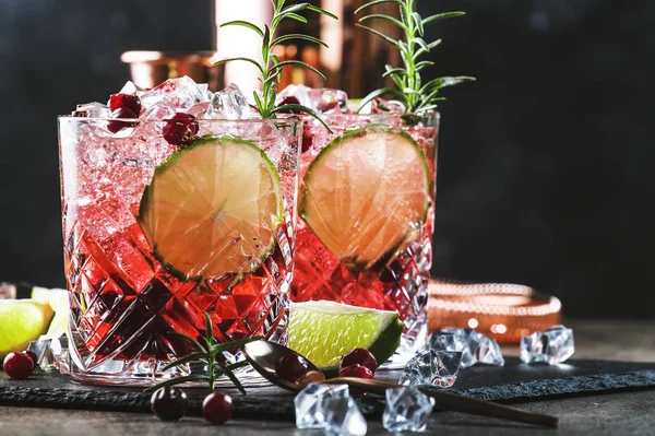 Glasses Cranberry Drink Cocktail Rosemary Cranberries Vodka Crushed Ice Grey — Stock Photo, Image