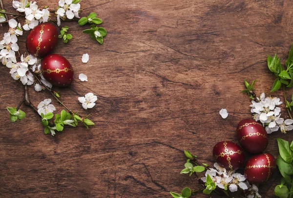 Telur Paskah Dan Bunga Putih Musim Semi Dan Cabang Pohon — Stok Foto