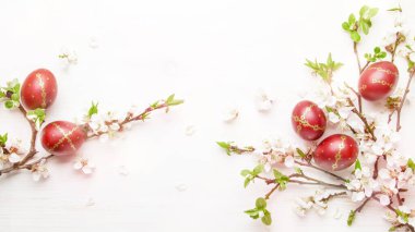 Easter eggs and spring white flowers on Easter white background with copy space