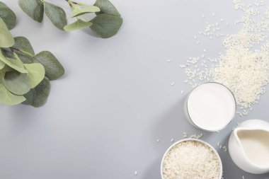 Şişelerde süt bulunan vejetaryen pirinç bitkisi, yakın plan, gri arka plan. Sütsüz alternatif süt. Sağlıklı vejetaryen yiyecek ve içecek konsepti. Boşluğu kopyala, üst görünüm