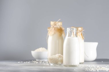 Vegan rice plant based milk in bottles, closeup, gray background. Non dairy alternative milk. Healthy vegetarian food and drink concept. Copy space