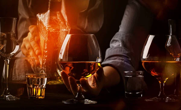 Bartender Pours Cognac Brandy Big Wine Glass Old Bar Counter — Stock Photo, Image