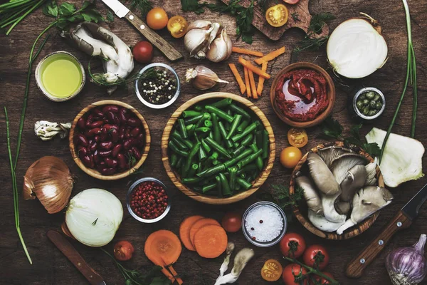 Tło Gotowania Żywności Składniki Przygotowania Potraw Wegańskich Zielona Fasola Warzywa — Zdjęcie stockowe