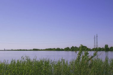Sakin nehir ve mavi gökyüzü manzaralı, kırsal manzaralı yaz manzarası