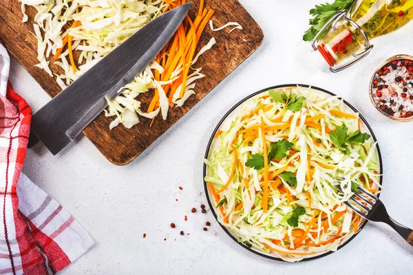 White Cabbage Salad Coleslaw Ingredients Cooking White Kitchen Table Background — Stock Photo, Image