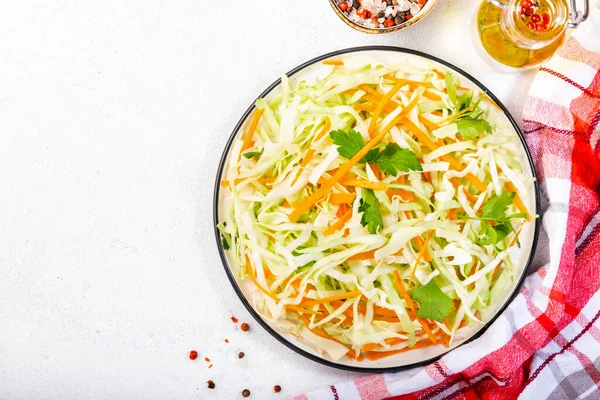 White Cabbage Salad Coleslaw Carrot White Kitchen Table Background Top — Stock Photo, Image