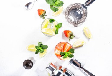 Limon, nane, çilek ve beyaz arka planda buzlu taze Mojito kokteyli. Yaz aylarında alkolsüz içecekler, içecekler ve kokteyller. Bar aletleri. Uzayı kopyala Üst görünüm