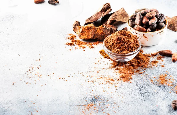 Biologisch Cacaopoeder Cacaobonen Geraspte Cacao Klomp Grijze Achtergrond Kopieerruimte — Stockfoto