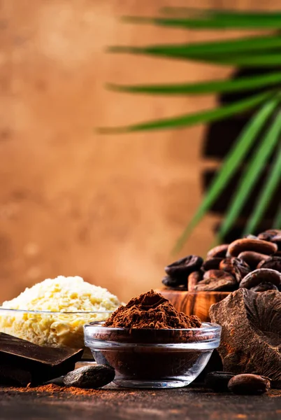 Diferite Produse Ecologice Din Cacao Boabe Cacao Pudră Cacao Unt — Fotografie, imagine de stoc