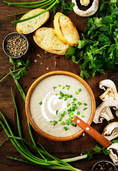 Creamy Mushroom Soup with croutons and chives on rustic wooden background — Stock Image Creamy Mushroom Soup Croutons Chives Rustic Wooden Background Stock Picture