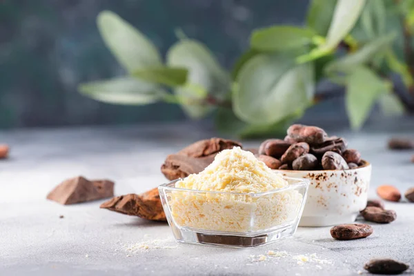 Ekologiskt Kakaosmör Kakaobönor Riven Kakao Klump Mörk Choklad Grå Blå — Stockfoto