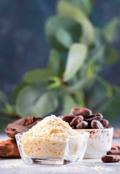 Manteiga Cacau Orgânica Grãos Cacau Massa Cacau Ralada Chocolate Escuro — Fotografia de Stock