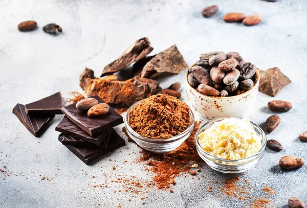 Mantequilla Cacao Orgánica Granos Cacao Terrón Cacao Rallado Chocolate Negro —  Fotos de Stock