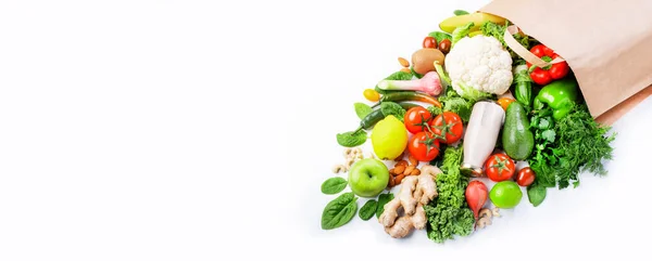 Comida Vegetariana Vegana Saludable Bolsa Papel Llena Verduras Frutas Sobre —  Fotos de Stock