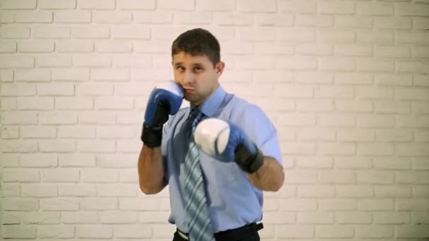 Бизнесмен в боксёрских перчатках. Человек в боксёрских перчатках на светлом фоне. Боксёр в рубашке и галстуке. Успешный человек, конкурент в бизнесе. Менеджер, служащий в боксёрских перчатках . — стоковое видео