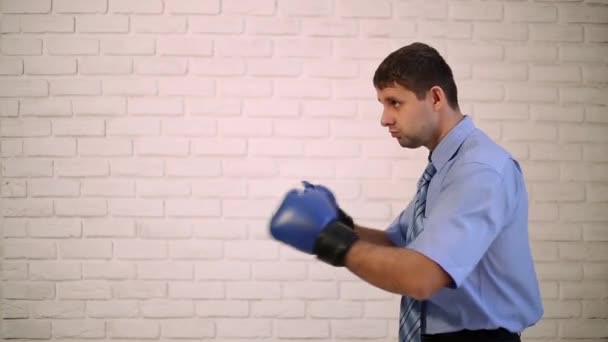Affärsman med boxhandskar. Boxning mannen i skjorta och slips. Mannen i boxning handskar på en ljus bakgrund. Manager, office medarbetare i boxning handskar. — Stockvideo
