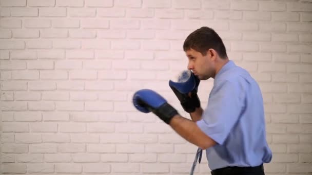 Affärsman med boxhandskar. Manager, office medarbetare i boxning handskar. Boxning man i skjorta och slips. — Stockvideo