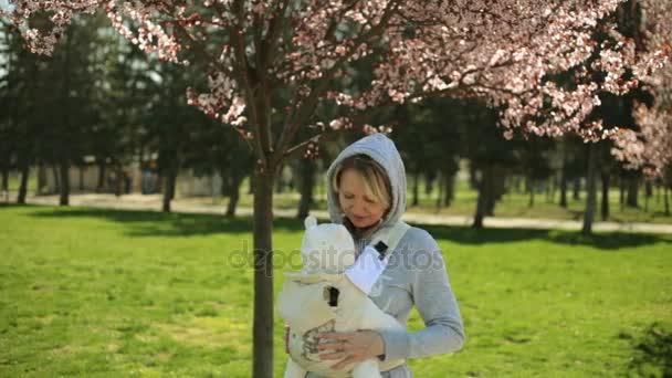 Fiatal gyönyörű anya, baba, a hevedert. A modern anya és a baba. Nő baby a parkban. Anya és a gyermek, a természetben. — Stock videók