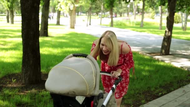 Vrouw met een kinderwagen in het park. — Stockvideo