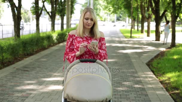 Uma mulher com um filho usa um smartphone. A mãe com um carrinho de bebé e um telefone. Uma menina em um parque está andando com uma criança . — Vídeo de Stock