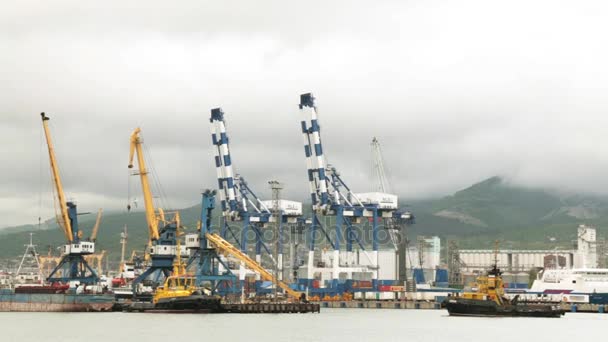 Tengeri ipari port. Kikötő, egy nagy kikötő, a tengeren a hajó vitorlák. — Stock videók
