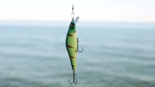 Приманка для рыбалки - колебание на фоне моря. Приманка, рыба, приманка, приманка для рыбы . — стоковое видео