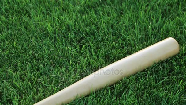 A baseball bat on the grass, close-up. Baseball, sport, training. — Stock Video