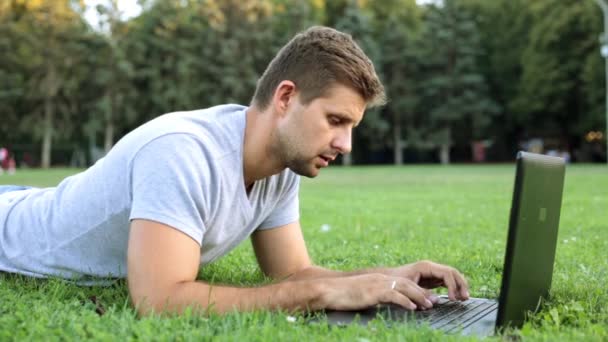 Een man met een laptop in het park. — Stockvideo