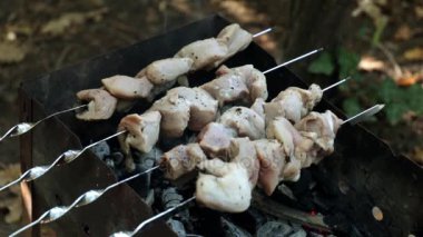 Şiş kebap ızgara. Kömürlerin üzerinde kızarmış et.